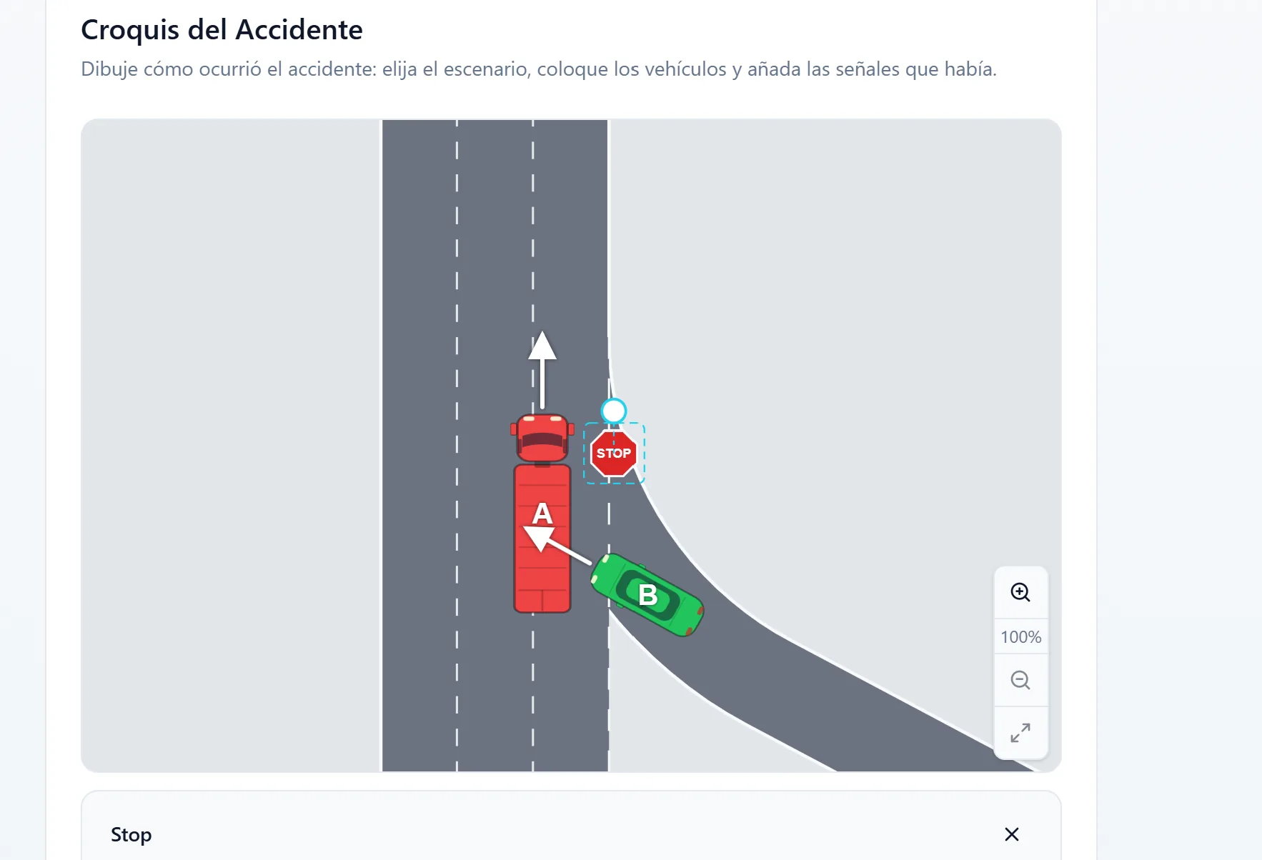 Croquis del accidente en el parte digital: escenario, vehículos A y B y señal de stop