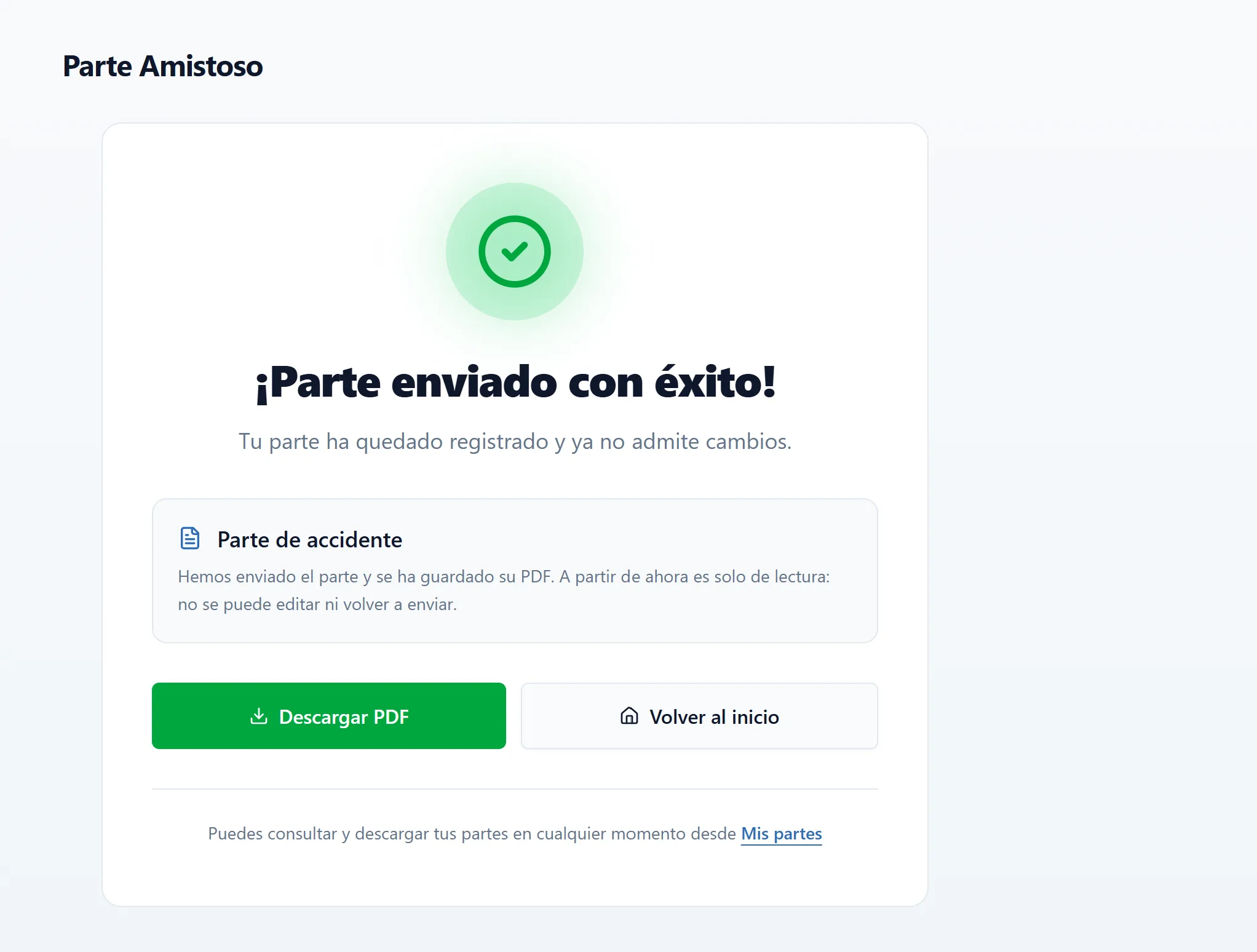 Confirmación de parte enviado con descarga del PDF