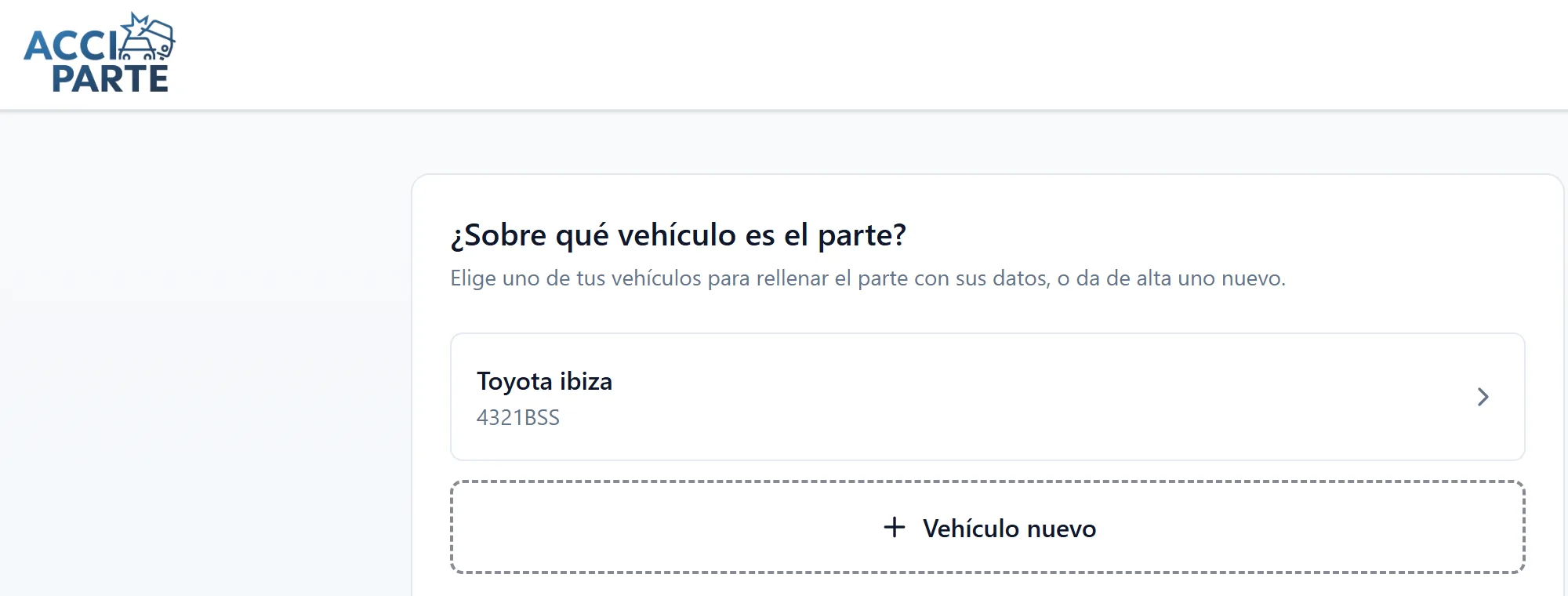 Selección del vehículo sobre el que se hace el parte