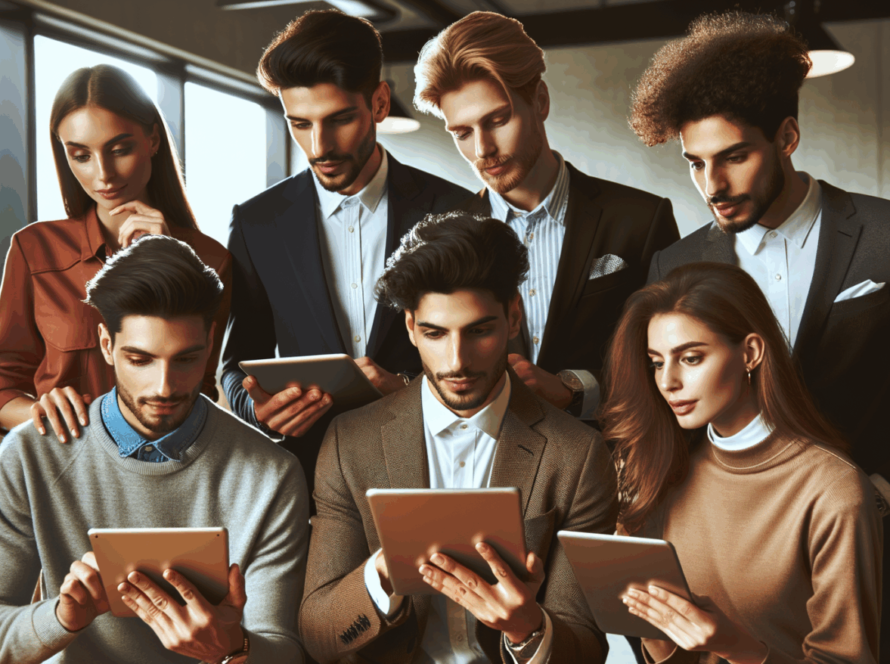 Personas en una oficina mirando sus dispositivos